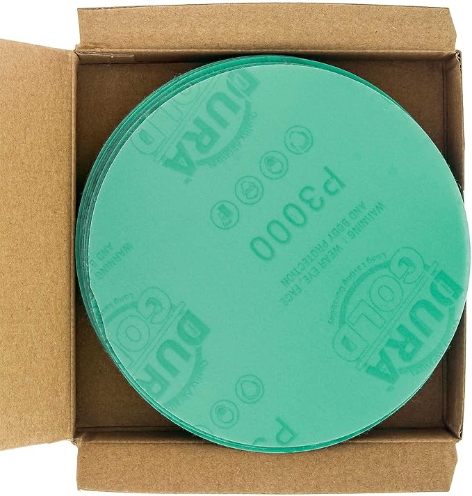 Dura-Gold Premium 5" Green Film Sanding Discs - 3000 Grit (Box of 50) - Hook & Loop Backing Sandpaper Discs for DA Sanders, Finishing Cut Abrasive, Sand Automotive Paint Car Detailing Woodworking Wood