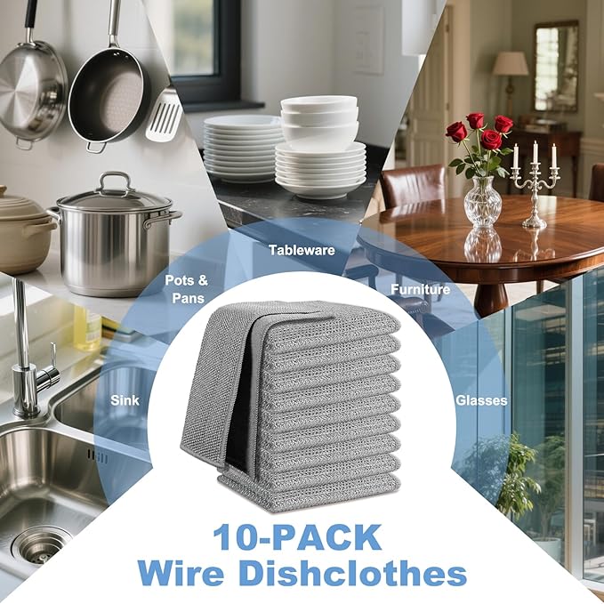 TIVERAIN 10pcs New Upgrade 2-Layer Microfiber Wire Dishcloth,Non-Scratch Wire Dishwashing Rags for Wet and Dry,Metal Scrubbers, Kitchen Miracle Cleaning Dish Rags for Cookware,Sinks, Dishes,Stove,Grey