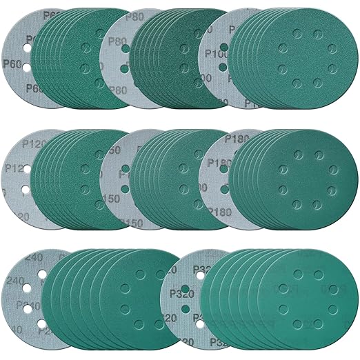 5 Inch 8 Hole 80 Pcs Sanding Discs Set Heavy-Duty Hook and Loop 60 80 100 120 150 180 240 320 Grit Polyester Green Film Backed Sandpaper Wet Dry Sanding Disc for Random Orbital Sander