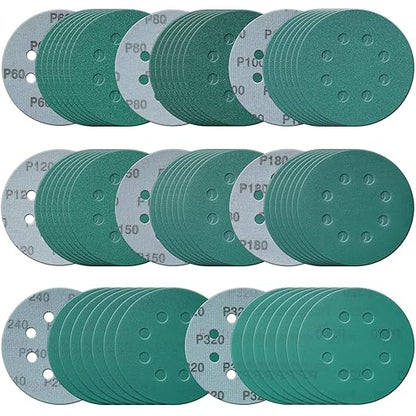 5 Inch 8 Hole 80 Pcs Sanding Discs Set Heavy-Duty Hook and Loop 60 80 100 120 150 180 240 320 Grit Polyester Green Film Backed Sandpaper Wet Dry Sanding Disc for Random Orbital Sander