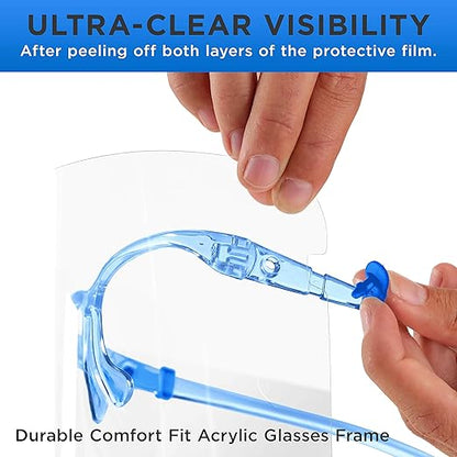 TCP Global Salon World Safety Face Shields with Blue Glasses Frames (Pack of 10) - Ultra Clear Protective Full Face Shields to Protect Eyes, Nose, Mouth - Anti-Fog PET Plastic, Goggles