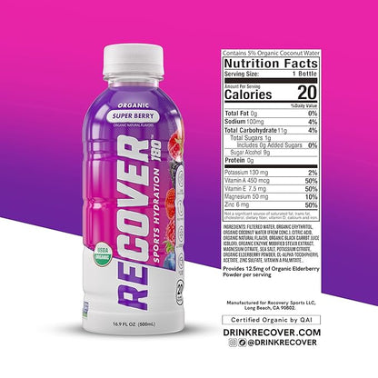 RECOVER 180 Organic Sports Hydration Drink, No Sugar Added, 20 Calorie Sports Beverage, Organic Flavors With Vitamins, Potassium-Packed Electrolytes (16.9 Fl Oz (Pack of 12), Super Berry)
