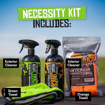 Boat Juice Necessity Boat Cleaner Kit | Exterior Water Spot Remover, Interior Seat & Vinyl Cleaner, 2 Microfiber Towels | Boat Cleaning & Detailing Kit, Marine Accessories | Made in USA (Kit)