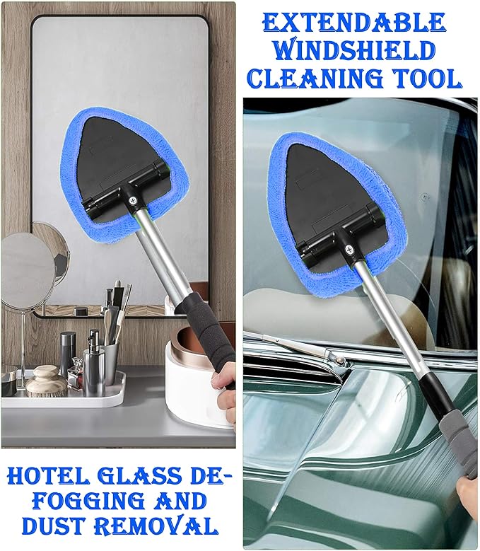 Windshield Cleaner Tool With Reusable Microfiber Pads - Car Window Glass Wiper Kit With Extendable Handle for Cleaning (1, Blue)