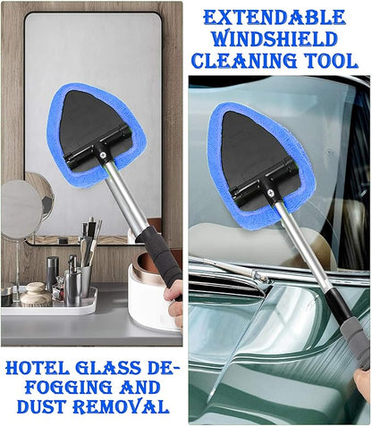 Windshield Cleaner Tool With Reusable Microfiber Pads - Car Window Glass Wiper Kit With Extendable Handle for Cleaning (1, Blue)