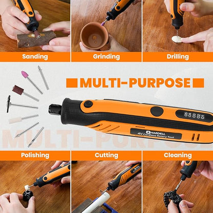 HARDELL Rotary Tool, 4V Mini Cordless Rotary tool Kit con 5 Speed Display, Rechargeable Rotary tool Set with 69 Accessories for Sanding, Grinding, Engraving, Polishing, Drilling, Cutting, DIY Crafting
