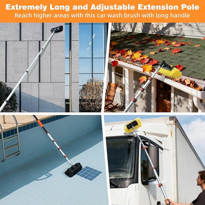 12FT/144inch Car Wash Brush with Long Handle Telescopic Pole Angle Adapter Car Cleaning Tool with 2 Pcs 12" Soft Bristle and Hard Bristle for Car Truck RV House Floor Window Glass Roof Pool
