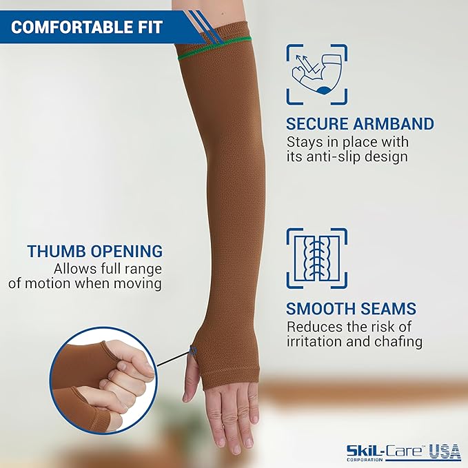 Skil-Care Geri-Sleeves Arm Protector, Brown Green Stripe, Cotton-Lycra Blend, Thumbhole Design, Reusable, Launderable