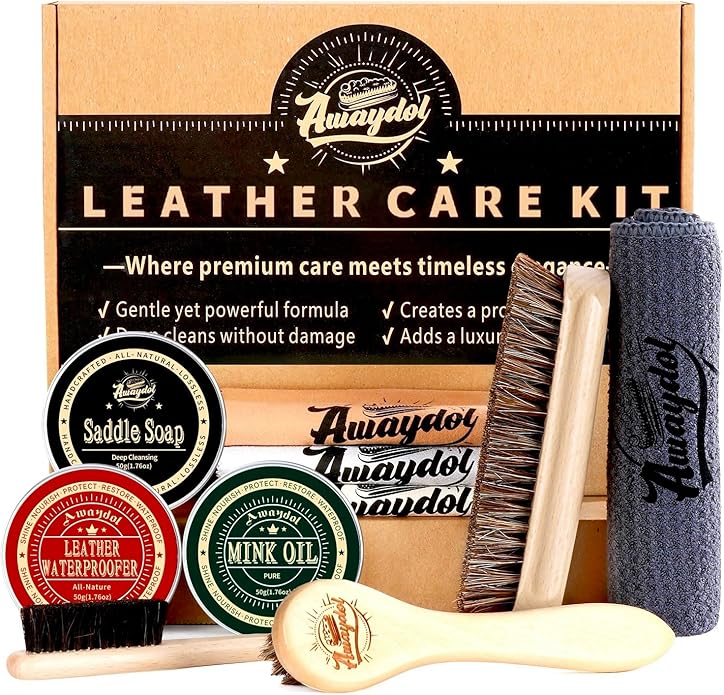 Awaydol 10 PCS Leather Care Kit - Horsehair Brushes,Saddle Soap,Waterproofing Wax,Mink Oil Conditioner,Polishing Cloth,Microfiber cloth,Boot Shoe Shine Cleaning Kit Gift for Men Cowboy Husband Dad ﻿