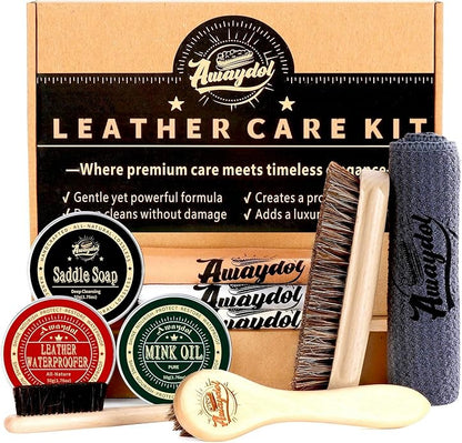 Awaydol 10 PCS Leather Care Kit - Horsehair Brushes,Saddle Soap,Waterproofing Wax,Mink Oil Conditioner,Polishing Cloth,Microfiber cloth,Boot Shoe Shine Cleaning Kit Gift for Men Cowboy Husband Dad ﻿
