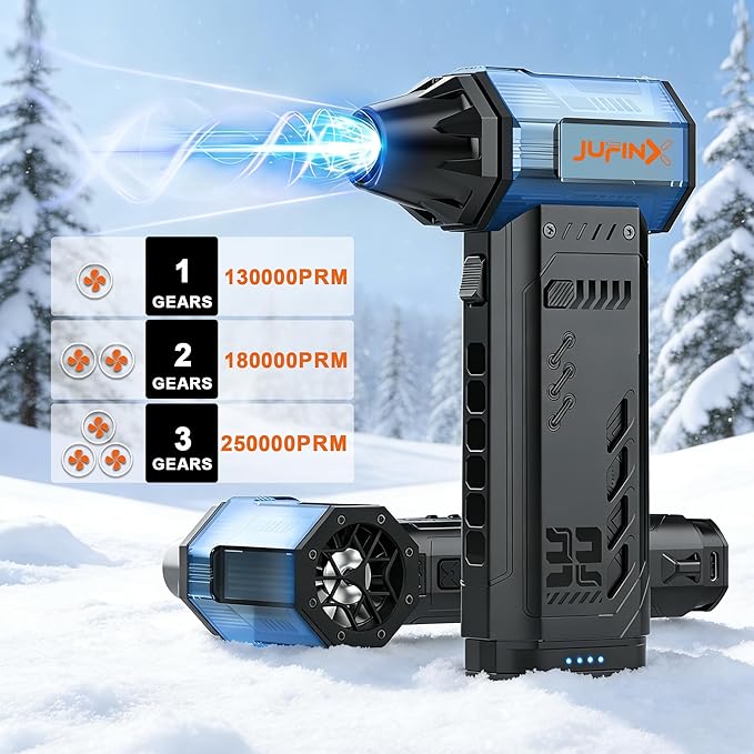 Air Duster -250000RPM- Snow Blower, Replaceable Batteries 2pcs,Long Life-mini Blower, 3-Gear Adjustable- Electeic Air Duster for Keyboard,PCs,Outdoors,Snow,Leaves,Car Cleaning (2*Batteries)