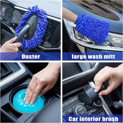 AUTODECO Car Wash Detailing Kit Cleaning Kits with Foam Gun Sprayer, Car Wash Brush and Large Wash Mitt Duster for Car Interior and Exterior Cleaning (Blue)