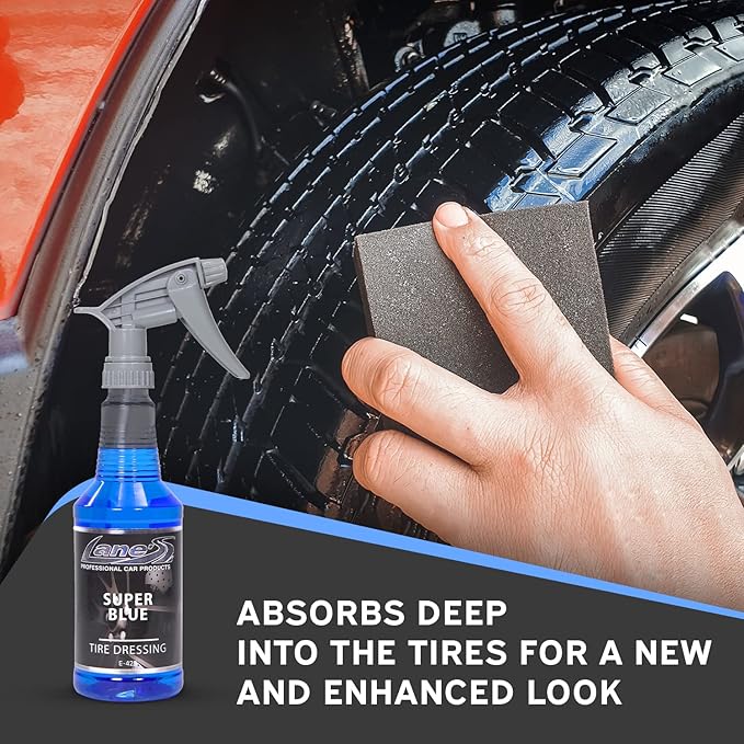 LANE'S Super Blue Tire Dressing Spray | High-Gloss Car Tire Shine Spray | No Sling, No Run, Long Lasting | Protects from Cracks & UV Rays | Non-Greasy Automotive Dressing & Cleaner | 16oz