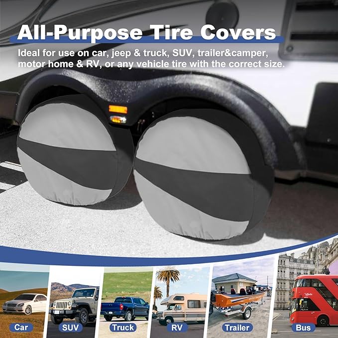 Explore Land Tire Covers 4 Pack - Tough Wheel Protector for Truck, SUV, Trailer, Camper, RV Universal Fits Tire Diameters 32-34.75 inches Black & Gray