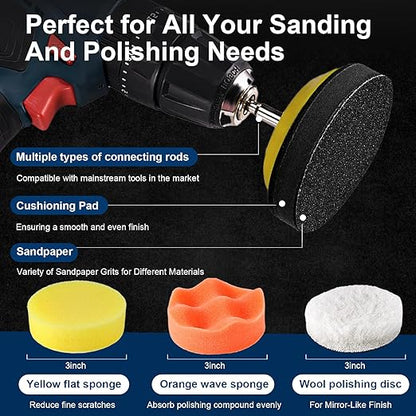 131 Pieces 3 Inch Sanding Discs, GOH DODD Headlight Restoration Kit Hook and Loop Sanding Pads 60 to 10000 Grit Wet Dry Sandpaper with 1/8" 1/4” Shank, Backer, Polishing Pads and Interface Pad