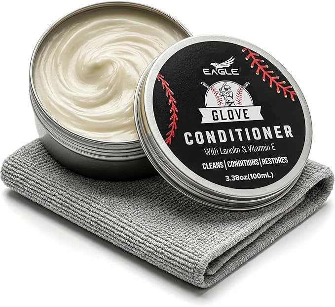 Eagle Leather Glove Conditioner Cream 2pc Set with Conditioning Balm & Cloth – Restore, Soften & Protect Baseball Mitts, Softball Gloves, Football Leather & Sports Gear