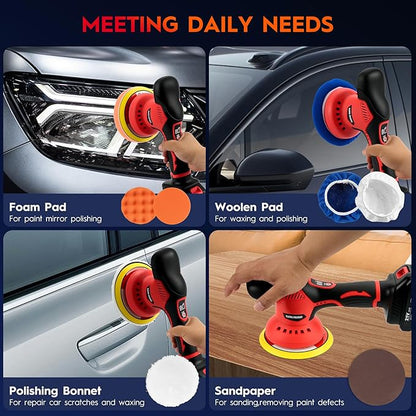 Cordless Car Buffer Polisher Kit with 2x21V Batteries, 6 Inch Car Polisher with 8 Variable Speed 2800-6000RPM & 21 PCS Attachments, Orbital Polisher for Car Detailing, Sanding,Scratch Removing