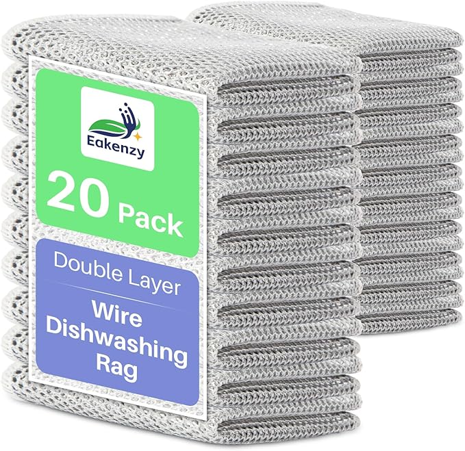 Eakenzy Non Scratch Wire Dishcloth, Multipurpose Wire Dishwashing Rag for Wet and Dry, Steel Cloth for Washing Dishes, Rust Removal Cleaning Cloth Kitchen, No Odor, Double Layer, 20 Pack