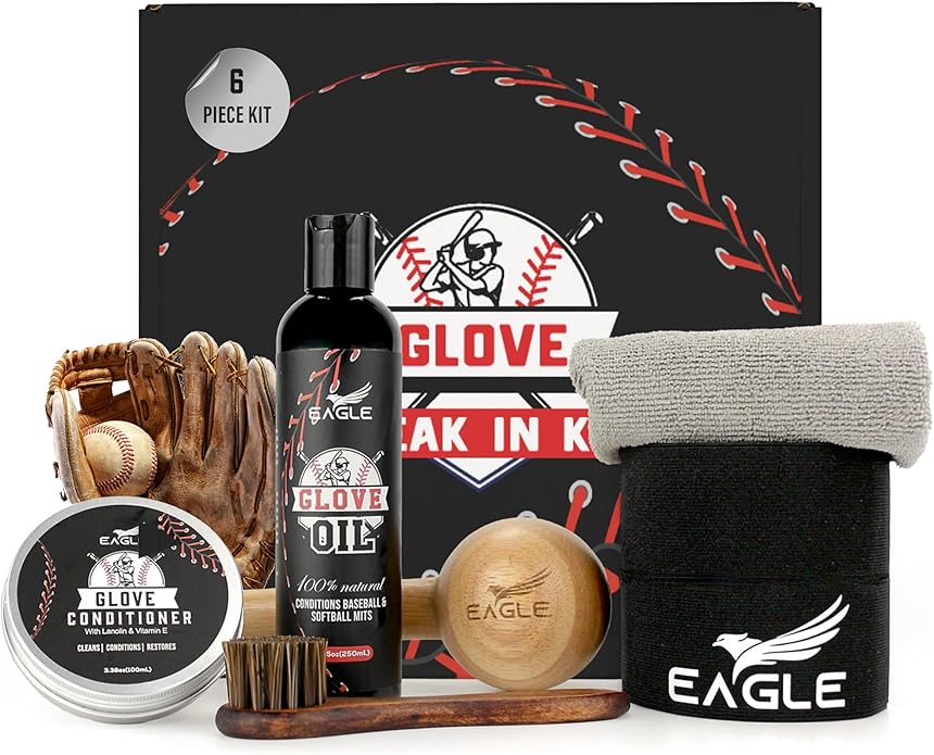Eagle Glove Break in Kit - Glove Oil (8.45oz), Conditioner (3.38oz), Wrap, Mallet, Applicator & Cloth, 6-Pieces Set for Baseball Gloves, Softball Gloves