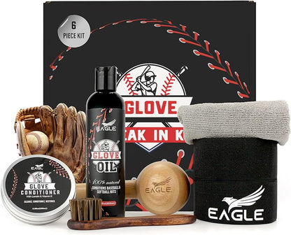 Eagle Glove Break in Kit - Glove Oil (8.45oz), Conditioner (3.38oz), Wrap, Mallet, Applicator & Cloth, 6-Pieces Set for Baseball Gloves, Softball Gloves
