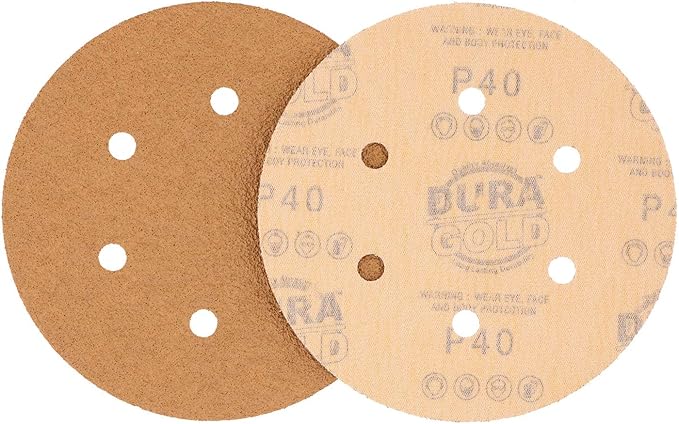 Dura-Gold Premium 40 Grit 6" Gold Sandpaper Discs, 6 Hole Pattern Dustless, Box of 25 - Hook & Loop Backing for DA Sander, Finishing Coarse Sanding Abrasive Automotive Paint, Woodworking Wood, Metal