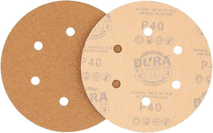 Dura-Gold Premium 40 Grit 6" Gold Sandpaper Discs, 6 Hole Pattern Dustless, Box of 25 - Hook & Loop Backing for DA Sander, Finishing Coarse Sanding Abrasive Automotive Paint, Woodworking Wood, Metal