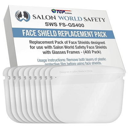 TCP Global Salon World Safety Replacement Face Shields Only (40 Packs of 10), Glasses Frames Not Included – Fits Most Brands, Ultra Clear, Full Face, Protect Eyes Nose Mouth, Anti-Fog PET Plastic