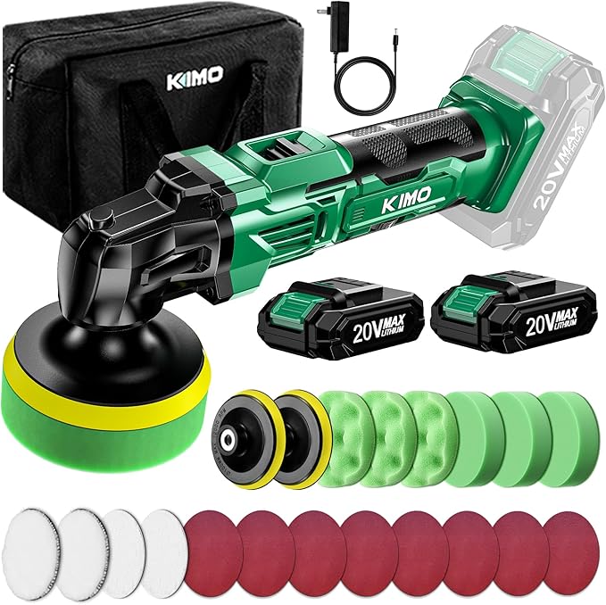 KIMO 20V Cordless Car Buffer Polisher Kit, 25Pcs Polishing Kit, 6 Speeds to 6000RPM / 2*2000mAh Batteries Cordless Polishers, Buffer Polisher for Car Detailing, Scratch Removing, Boat Sanding & Waxing