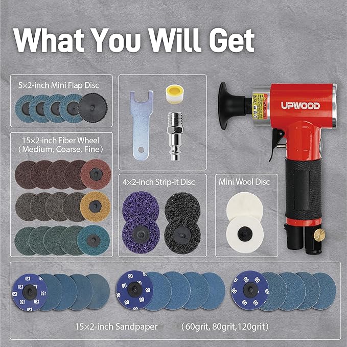 Pneumatic Mini Orbital Sander Grinder Polisher Kit, 2 inch Air Right Angle Surface Prep Tool with 41pcs Roll Lock Discs