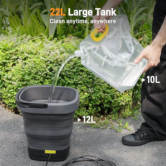 Teslong Portable Electric Pressure Washer with 12L Tank, Foldable Design, 4-in-1 Nozzle, Type-C Charging, 10L Water Storage Bag, Cordless Power Washer for Outdoor Camping, Gardening, and Pet Grooming