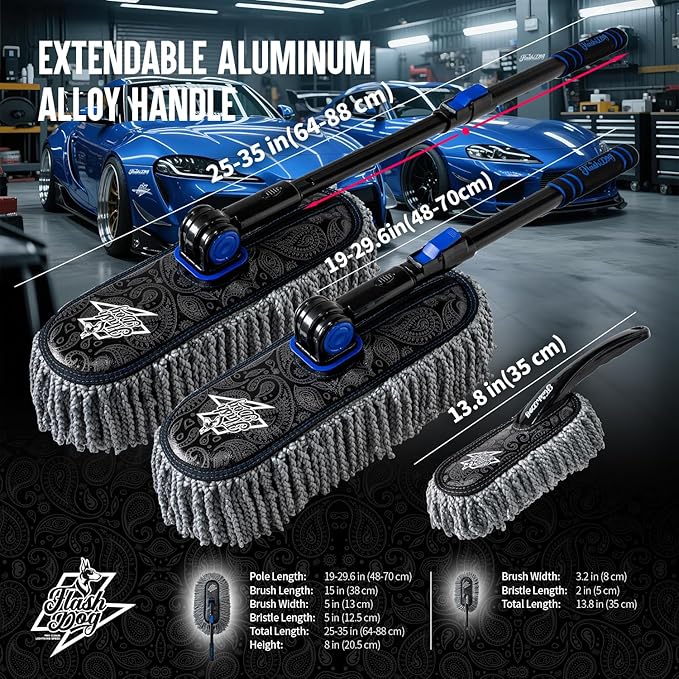 Flash Dog Car Duster Exterior & Interior Scratch Free Kit Microfiber and Telescopic Aluminum Alloy Handle for Cars/SUV/Trucks with Car Duster Interior, Portable Waterless Dust Removal