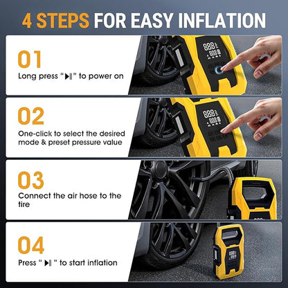 CARSUN Cordless Tire Inflator Portable Air Compressor, 150 PSI Air Compressor for Car Tires, Portable Tire Inflator with Digital Dual Values Display, Tire Pump for Car, Bike, Motorcycle, Ball