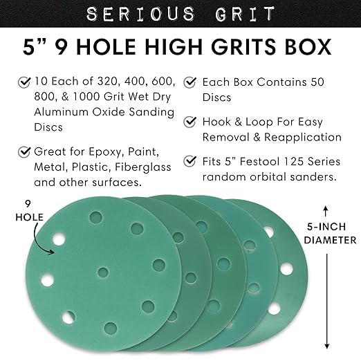 Serious Grit - 5-Inch 9-Hole High Grit Sanding Discs Assortment - 320, 400, 600, 800, 1000 Grit (10 of Each) - Wet Dry Hook & Loop Film Discs - Sandpaper for Random Orbital Sanders - 50 Pack Box