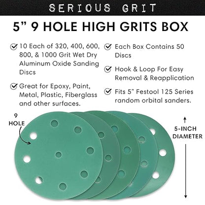 Serious Grit - 5-Inch 9-Hole High Grit Sanding Discs Assortment - 320, 400, 600, 800, 1000 Grit (10 of Each) - Wet Dry Hook & Loop Film Discs - Sandpaper for Random Orbital Sanders - 50 Pack Box