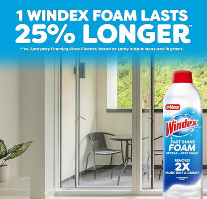 Windex Fast Shine Foam Glass Cleaner, No-Drip Aerosol Cleaning Spray, 19 oz, Pack of 2