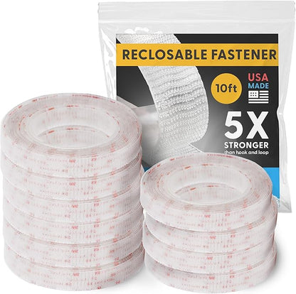 Industrial Strength - 10FT 10Pack - Clear Indoor/Outdoor Adhesive Mounting Tape - Self Mating Reclosable Fastener Compatible with 3M SJ3550 / SJ3560 Dual Lock