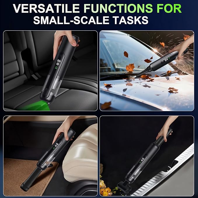 Seiyeje Car Vacuum, Handheld Cordless Vacuum 19000Pa, 4-in-1 Mini Portable Cleaner with Green LED Detection Light, 2 Modes for Car, Home, Office, Desk & Keyboards, Rechargeable, Washable Filter