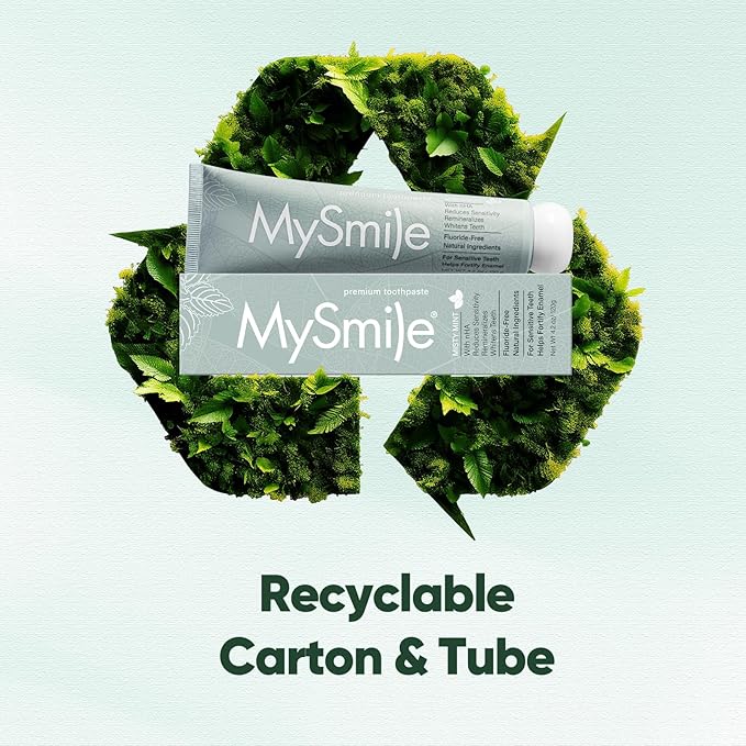 MySmile Fluoride Free Nano Hydroxyapatite Toothpaste for Sensitive Teeth, Strengthens Enamel, Remineralizes & Whitens Teeth, Freshens Breath for Adults, SLS Free, Misty Mint, 4.2 oz