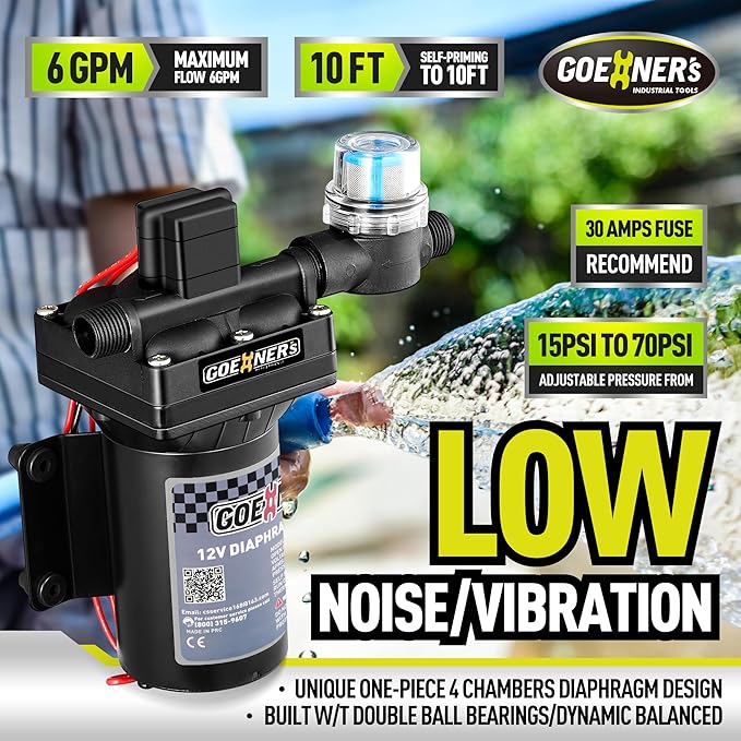 [Upgraded Version] RV Fresh Water Pump, 12V DC Water Pump, 6GPM 70PSI Self-Priming Diaphragm Pump with Pressure Switch and Strainer for RV, Marine, Yacht, Caravan