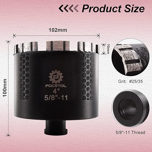Diamond Core Drill Bit - FOCSTOL 4''(102mm) Laser Welded Hole Saw for Dry or Wet Drilling Granite Marble Concrete Quartz 5/8''-11 Thread