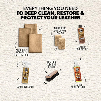 Chemical Guys Leather Cleaner and Conditioner Detailing Kit - Leather Care Kit For Natural, Synthetic, Faux, Pleather, and More for Car Interiors, Apparel, Furniture, Boots & Accessories - 9 Items