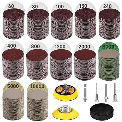 367 Pieces 2 Inch Sanding Discs, GOH DODD Wet Dry Sandpaper with Interface Pad and Backer Plate 1/4" 1/8" Shank, 60-10000 Grits Grinding Abrasive Sand Paper for Auto Metal Glass Resin Wood Sanding