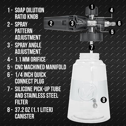 VIKING Professional Foam Cannon for Car, Adjustable Spray Nozzle, 1.1 Liter Soap Canister, 1/4" Quick Connect Plug for Pressure Washer and Car Detailing Kit