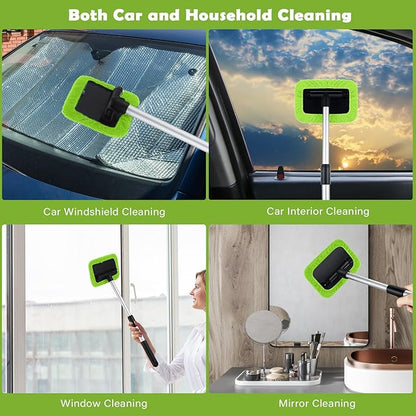 Frienda 3 Set Windshield Cleaner Tool Inside Car Window Cleaner Tool with 3 Extendable Handle 9 Reusable Microfiber Pads and 3 Spray Bottles for Auto Home Interior Exterior Glass Cleaning(Green)