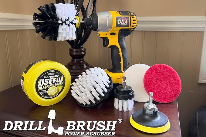 Drillbrush White Soft Bristle Nylon Brush Cleaning Supplies with All Purpose Cleaner Paste for Auto Upholstery - Vehicle Carpet Cleaner Attachments for Drill - Multi Purpose Household Essentials Kit