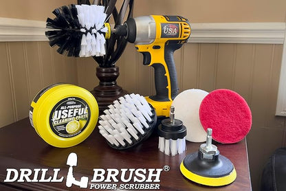 Drillbrush White Soft Bristle Nylon Brush Cleaning Supplies with All Purpose Cleaner Paste for Auto Upholstery - Vehicle Carpet Cleaner Attachments for Drill - Multi Purpose Household Essentials Kit