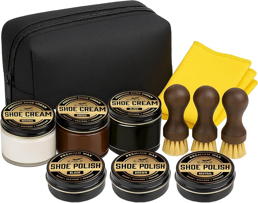 Eagle 13-Piece Shoe Polish Kit – Black, Brown & Neutral Shoe Wax & Boot Cream with Dauber Brushes and Shine Cloths – Leather Shoe Shine & Care Kit