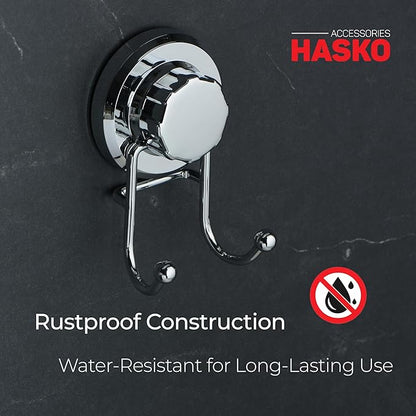 HASKO Suction Cup Hook for Shower, Stainless Steel Bathroom Suction Towel Hooks Hanger, Organizer for Towel, Bathrobe and Loofah, Includes Optional No Drill Adhesive Mount for Inside Shower, Chrome