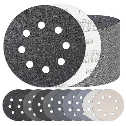 100PCS 5 Inch Hook and Loop Sanding Discs, 8 Hole Wet Dry Orbital Sander Sandpaper 80-5000 Grit Assortment Silicon Carbide Sand Paper for Automotive Wood Metal Glass