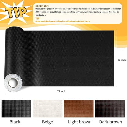 JuCheng 17x79inch Perforated Leather,Breathable Perforated Self-Adhesive Leather Repair Patch for Furniture, Couches, Car Seats, Office Chairs Faux Leather & Vinyl Repair Kit (Black)
